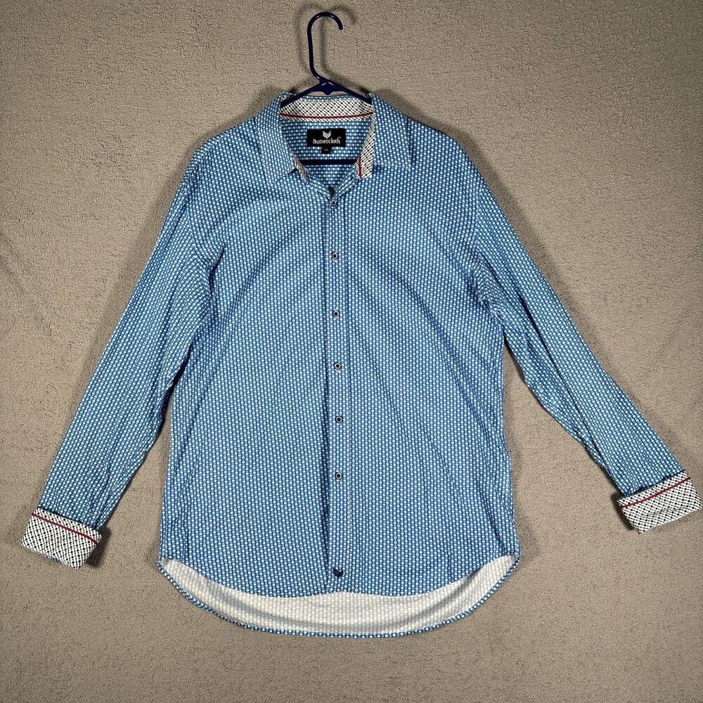 ButterCloth Mens Button Down Shirt Size XL Blue White Geometric Flipcuff Preppy‎
